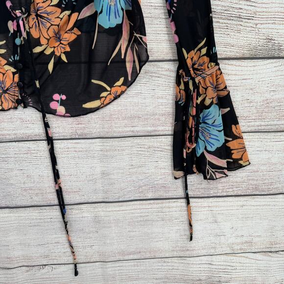 Free People Floral Semi Sheer Scoop Neck Blouse Womens Small Black Blue Pink - Picture 6 of 13